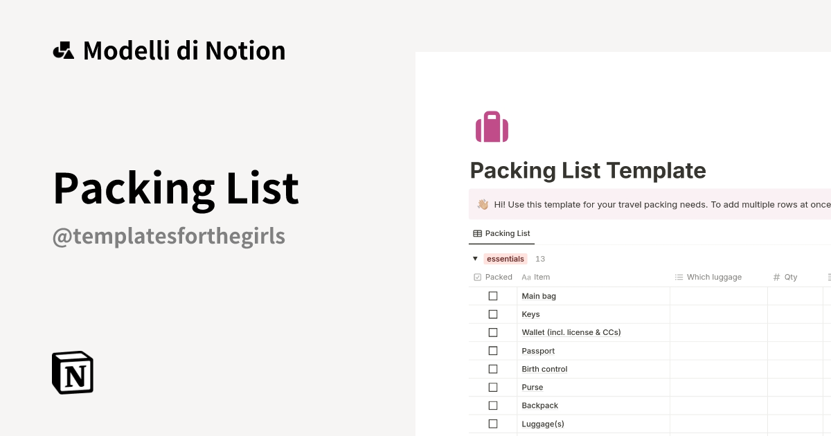 Modello Packing List | Marketplace Notion
