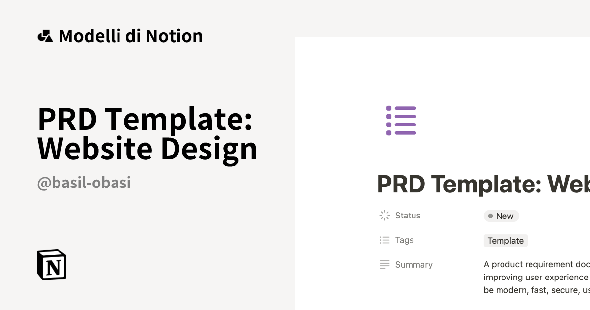 Modello PRD Template: Website Design | Marketplace Notion