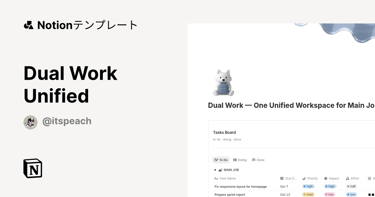 Dual Work Unifiedテンプレート | Notion (ノーション)マーケットプレイス