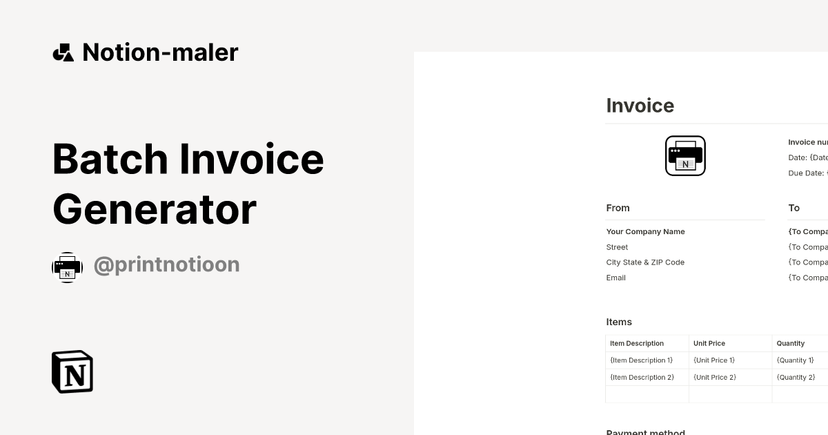Batch Invoice Generator-mal| Notions markedsplass