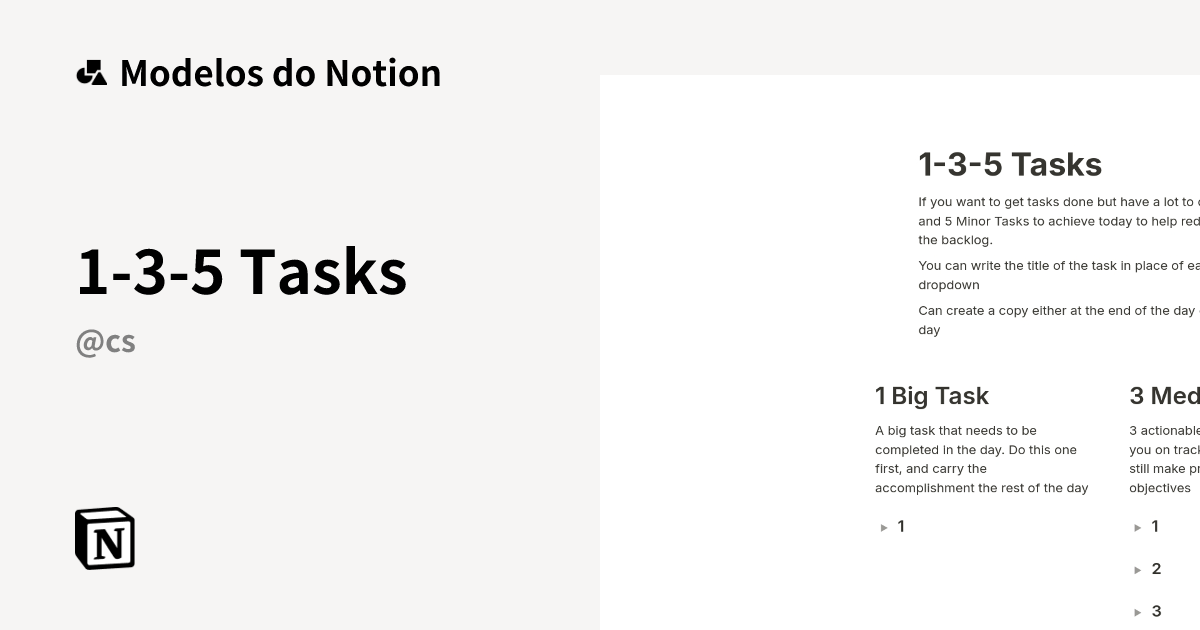 1-3-5 Tasks Modelo por CS | Marketplace do Notion