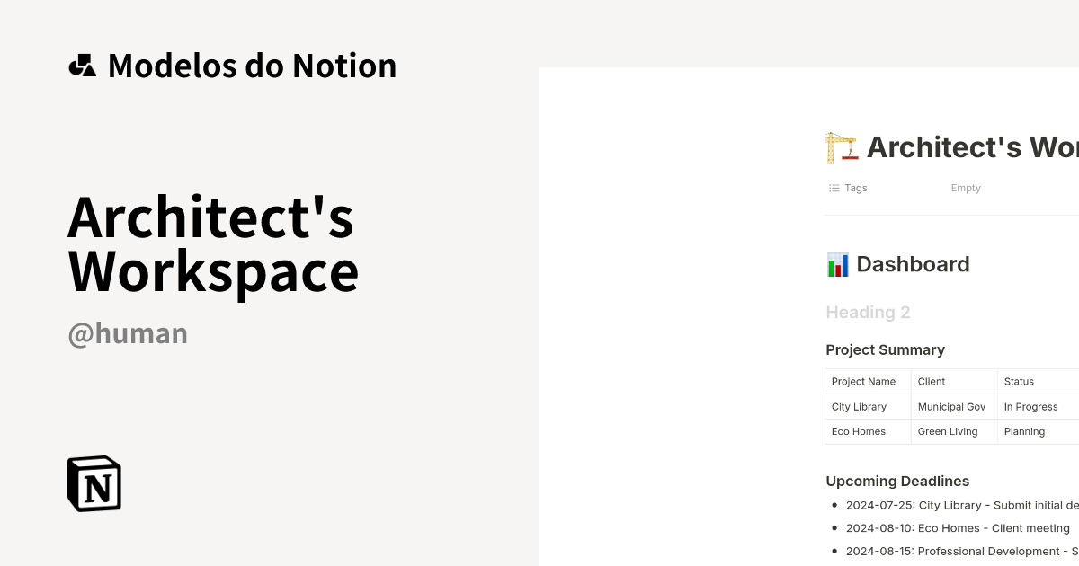 Architect's Workspace Modelo por Human | Marketplace do Notion