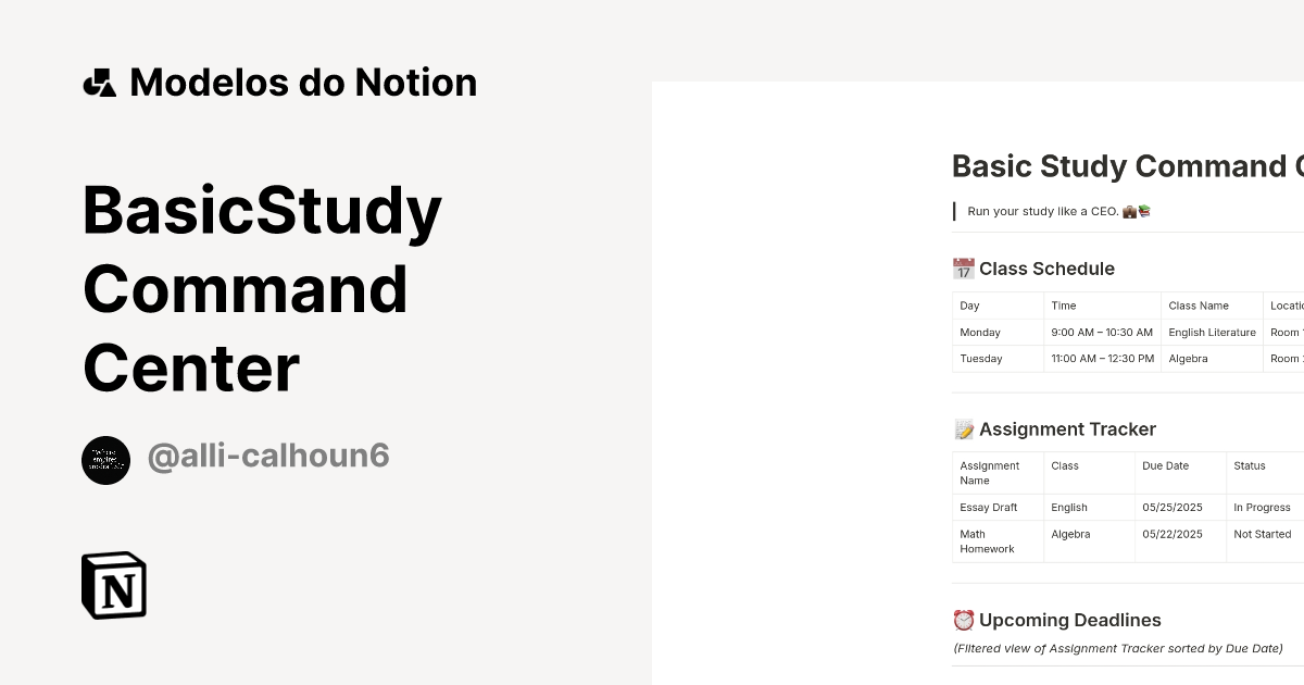 BasicStudy Command Center Modelo por Alli Calhoun | Marketplace do Notion