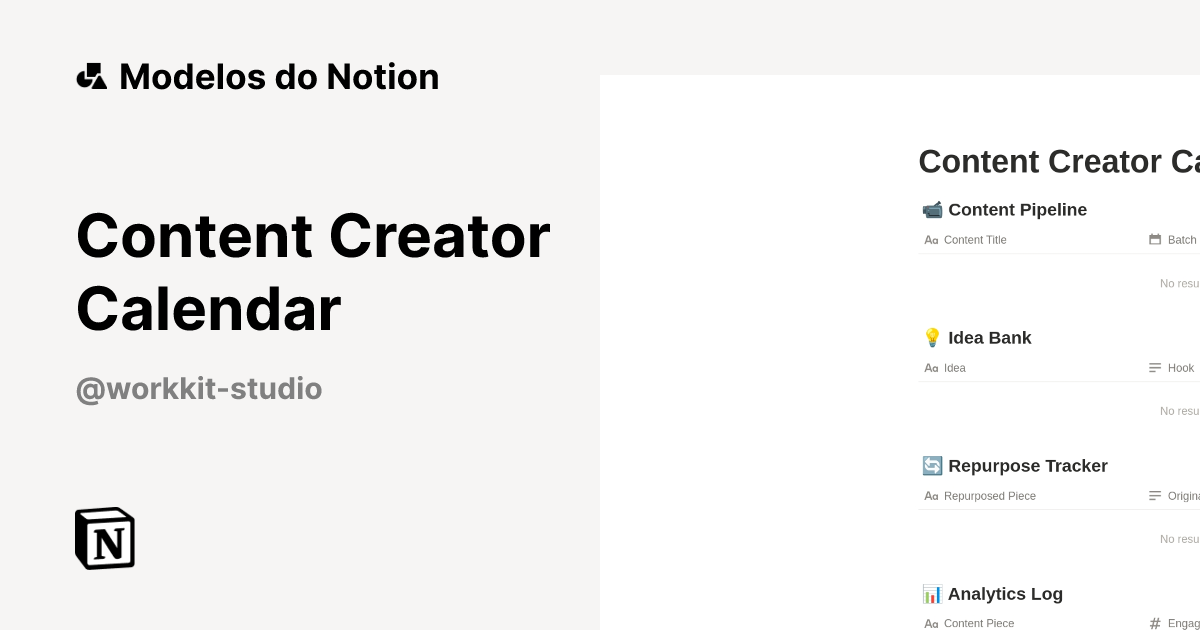 Content Creator Calendar Modelo por WorkKit Studio | Marketplace do Notion