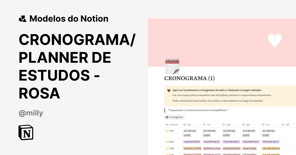Modelo CRONOGRAMA/PLANNER DE ESTUDOS - ROSA | Marketplace do Notion