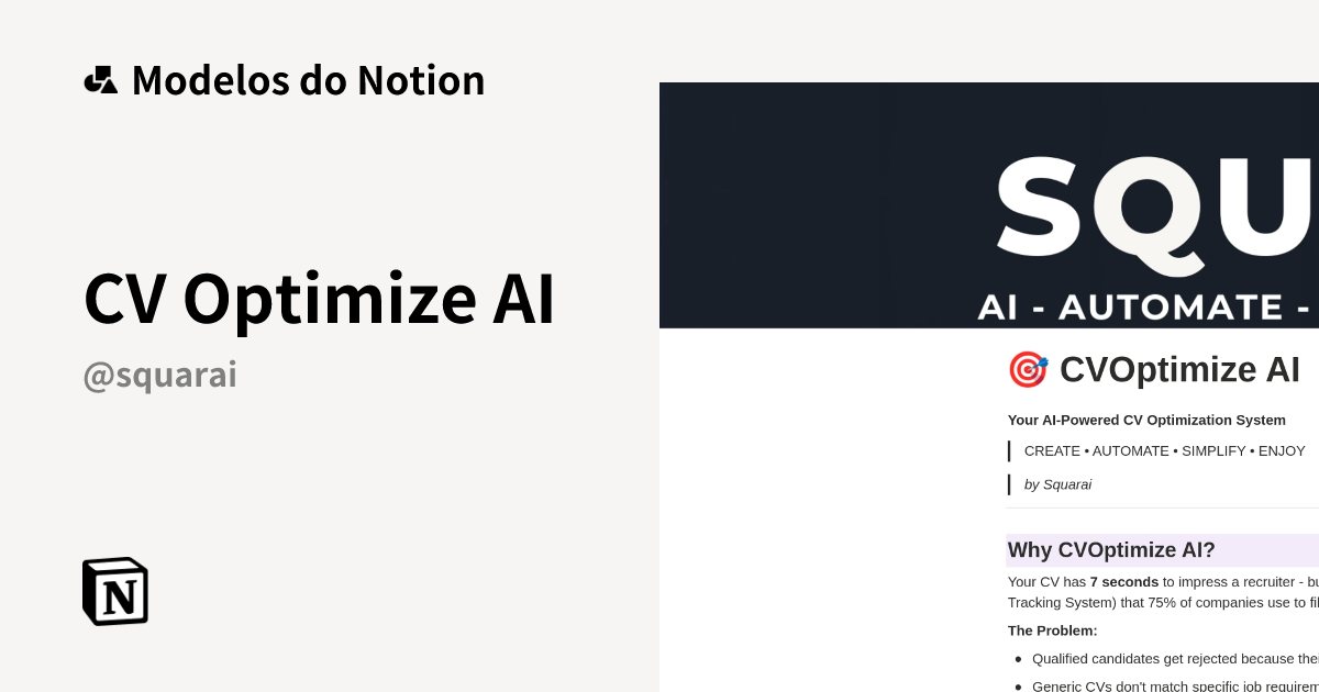 CV Optimize AI Modelo por Squarai | Marketplace do Notion