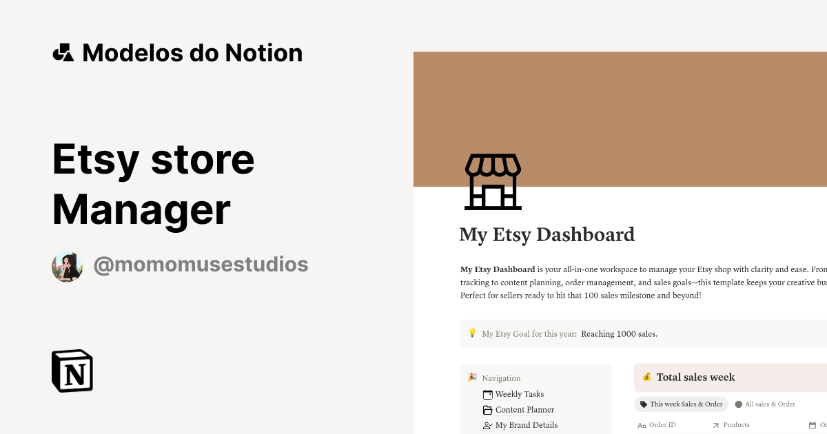 Etsy store Manager Modelo por momomuse studio | Marketplace do Notion