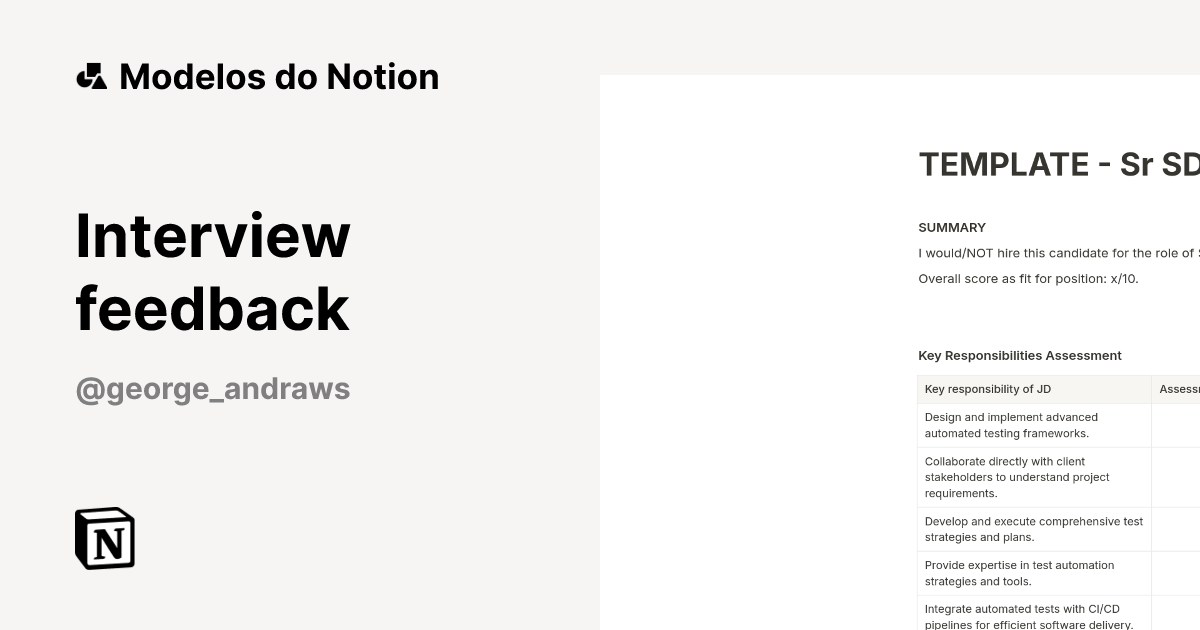 Interview feedback Modelo por George Andraws | Marketplace do Notion