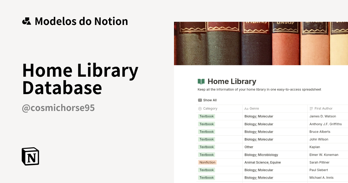 Home Library Database Modelo por CosmicHorse95 | Marketplace do Notion