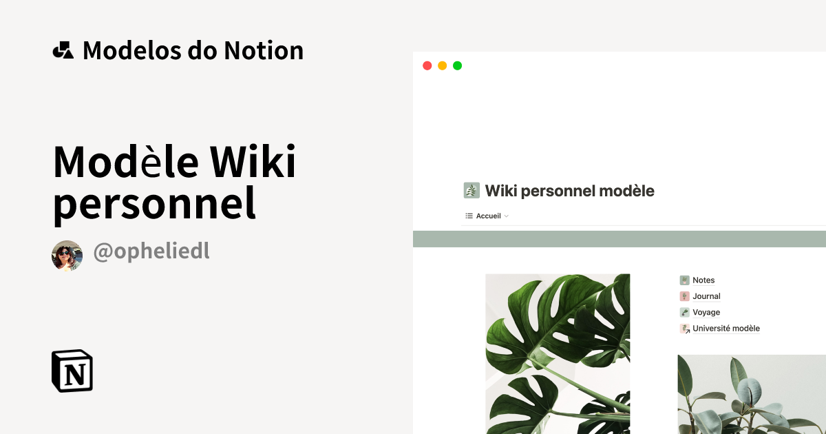 Modelo Modèle Wiki personnel | Marketplace do Notion