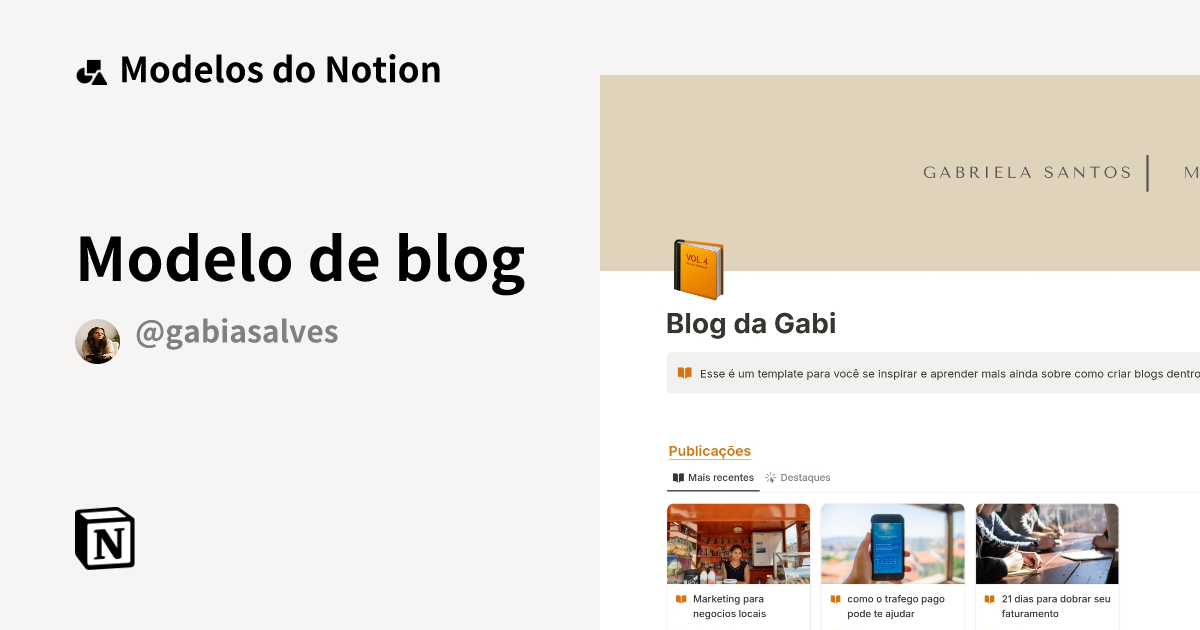 Modelo de blog Modelo por Gabriela Alves | Marketplace do Notion