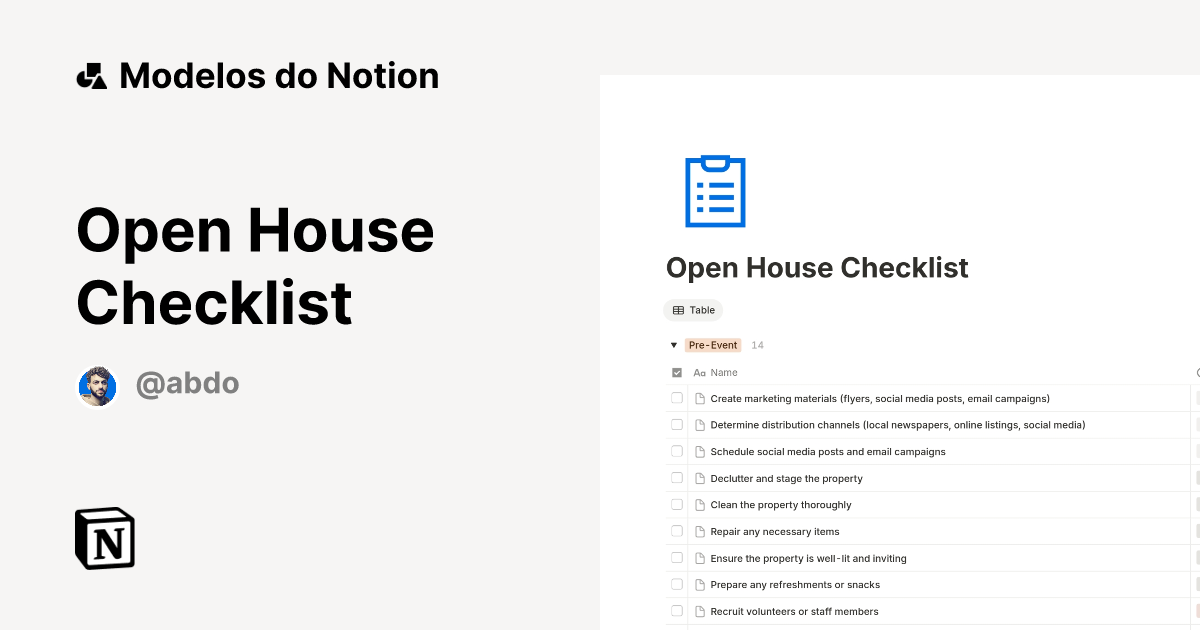 Modelo Open House Checklist | Marketplace do Notion
