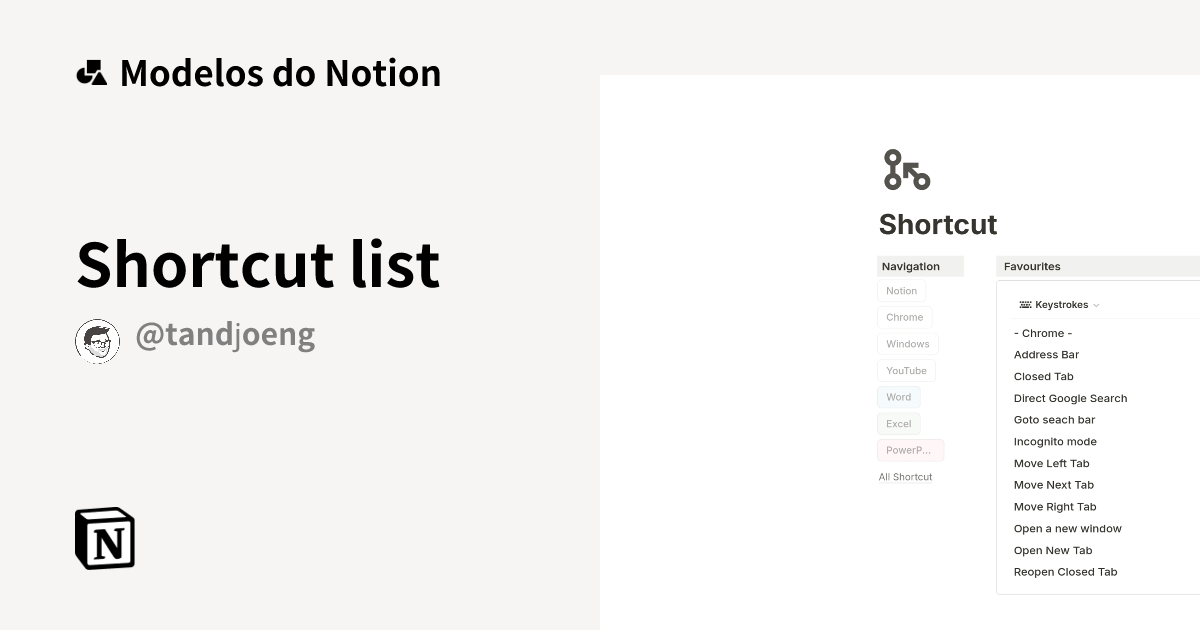 Modelo Shortcut list | Marketplace do Notion