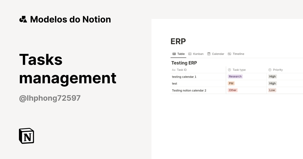 Tasks management Modelo por Luu Hoai Phong | Marketplace do Notion