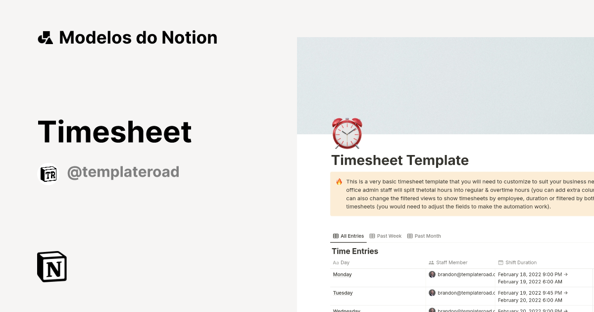 Modelo Timesheet | Marketplace do Notion