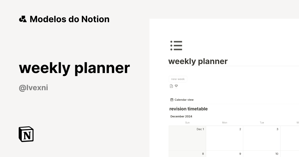 weekly planner Modelo por lvexni | Marketplace do Notion