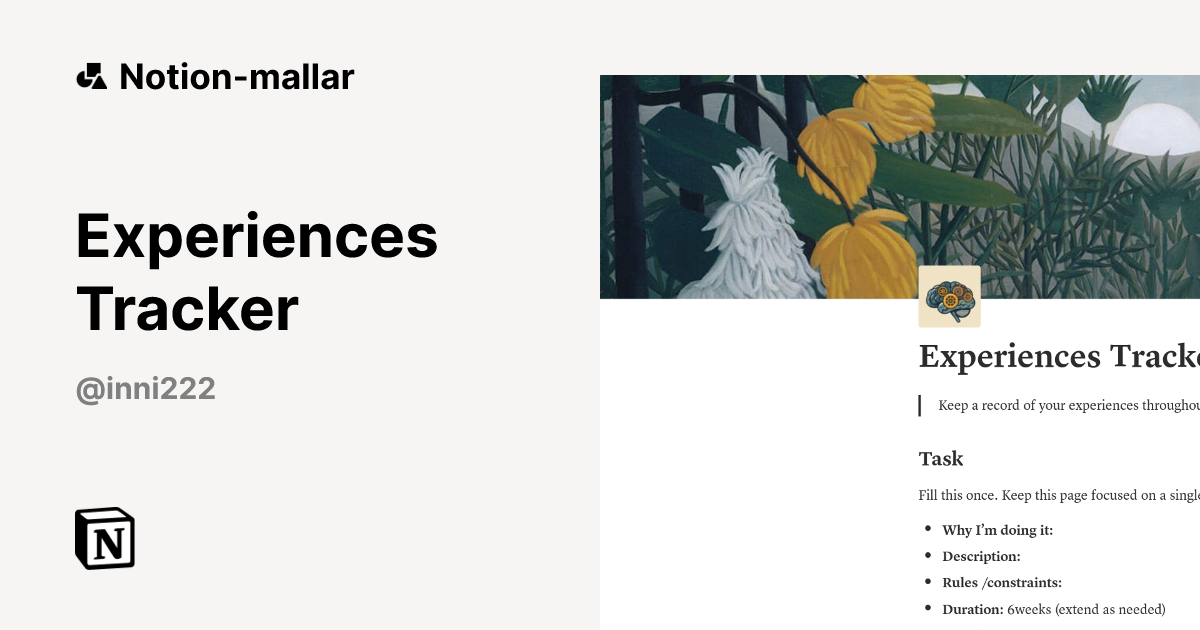 Experiences Tracker Mall efter Indu | Marknadsplats för Notion