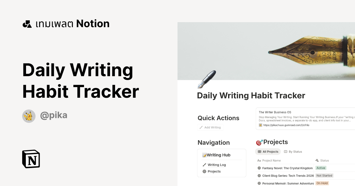 เทมเพลต Daily Writing Habit Tracker โดย Pika | มาร์เก็ตเพลส Notion
