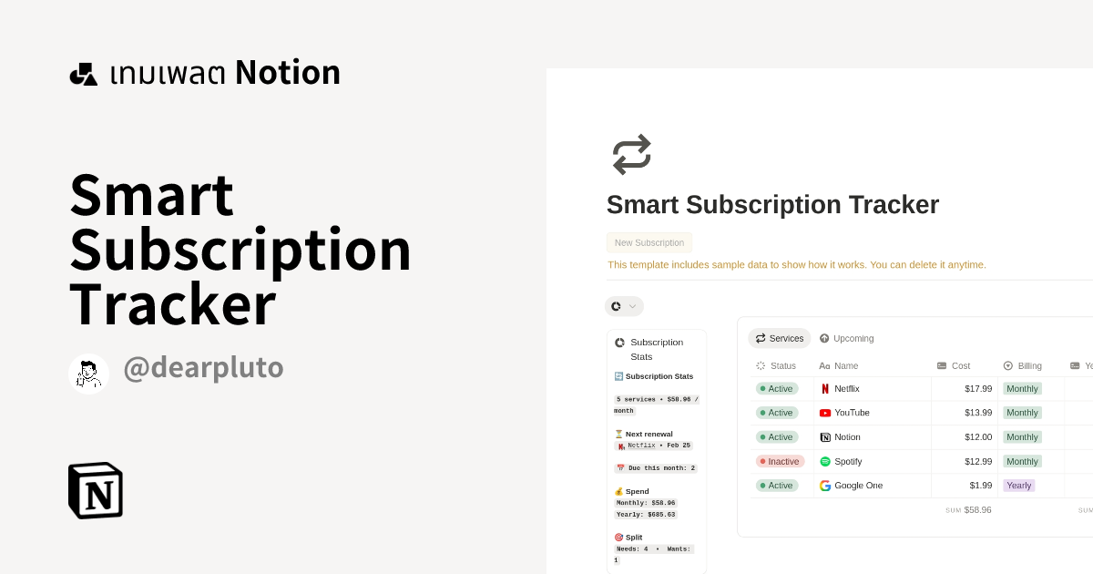 เทมเพลต Smart Subscription Tracker โดย dearpluto | มาร์เก็ตเพลส Notion
