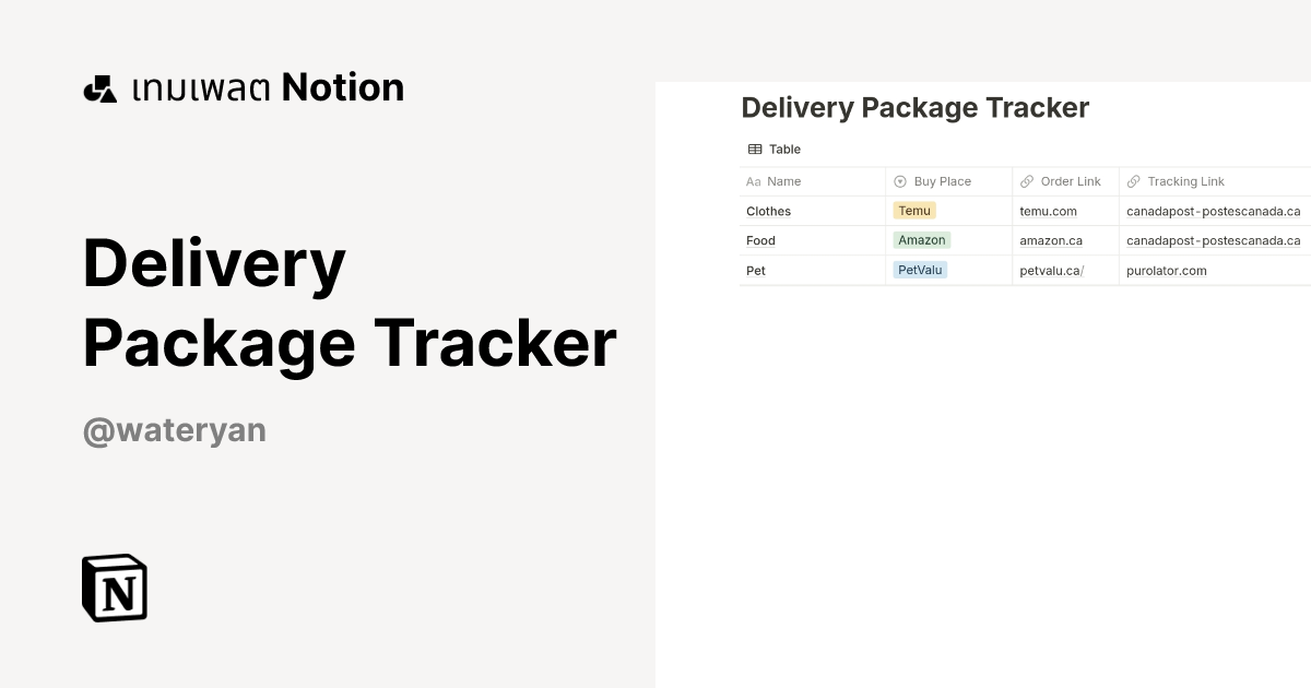 เทมเพลต Delivery Package Tracker โดย Wateryan | มาร์เก็ตเพลส Notion