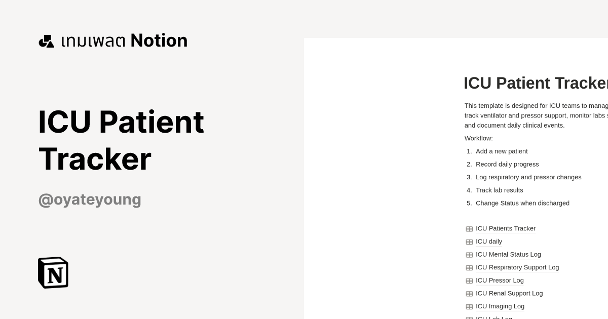 เทมเพลต ICU Patient Tracker โดย oyateyoung | มาร์เก็ตเพลส Notion