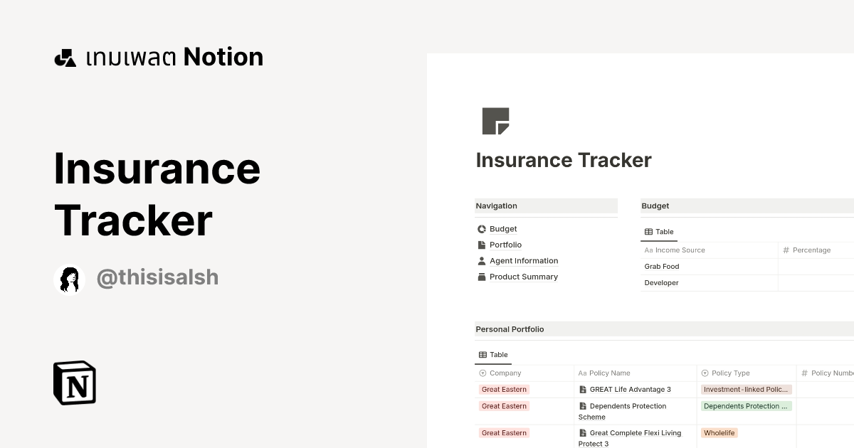 เทมเพลต Insurance Tracker โดย ALSH | มาร์เก็ตเพลส Notion