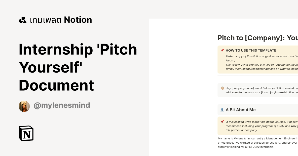 เทมเพลต Internship 'Pitch Yourself' Document | มาร์เก็ตเพลส Notion