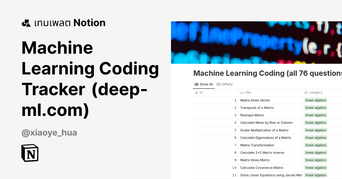 เทมเพลต Machine Learning Coding Tracker (deep-ml.com) | มาร์เก็ตเพลส Notion