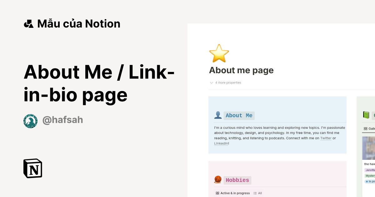About Me / Link-in-bio page Mẫu do Hafsah I tạo | Thị trường Notion