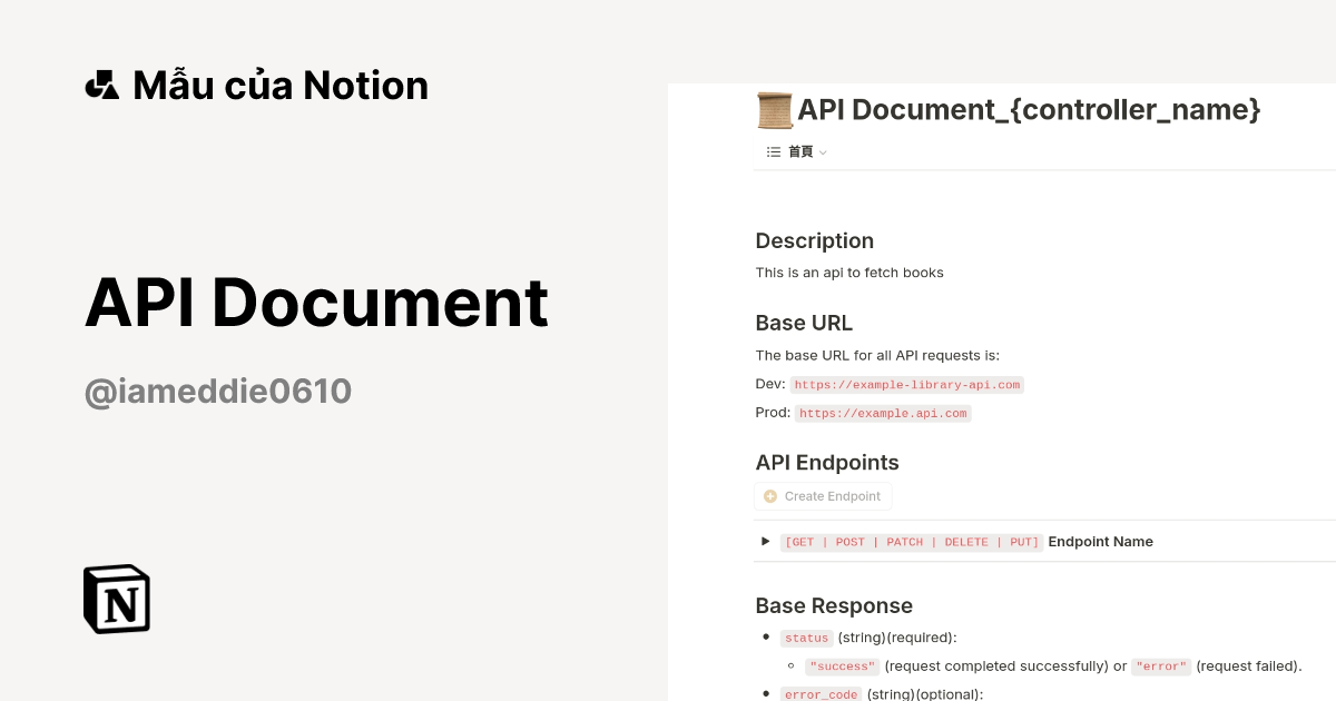 API Document Mẫu do Eddie tạo | Thị trường Notion