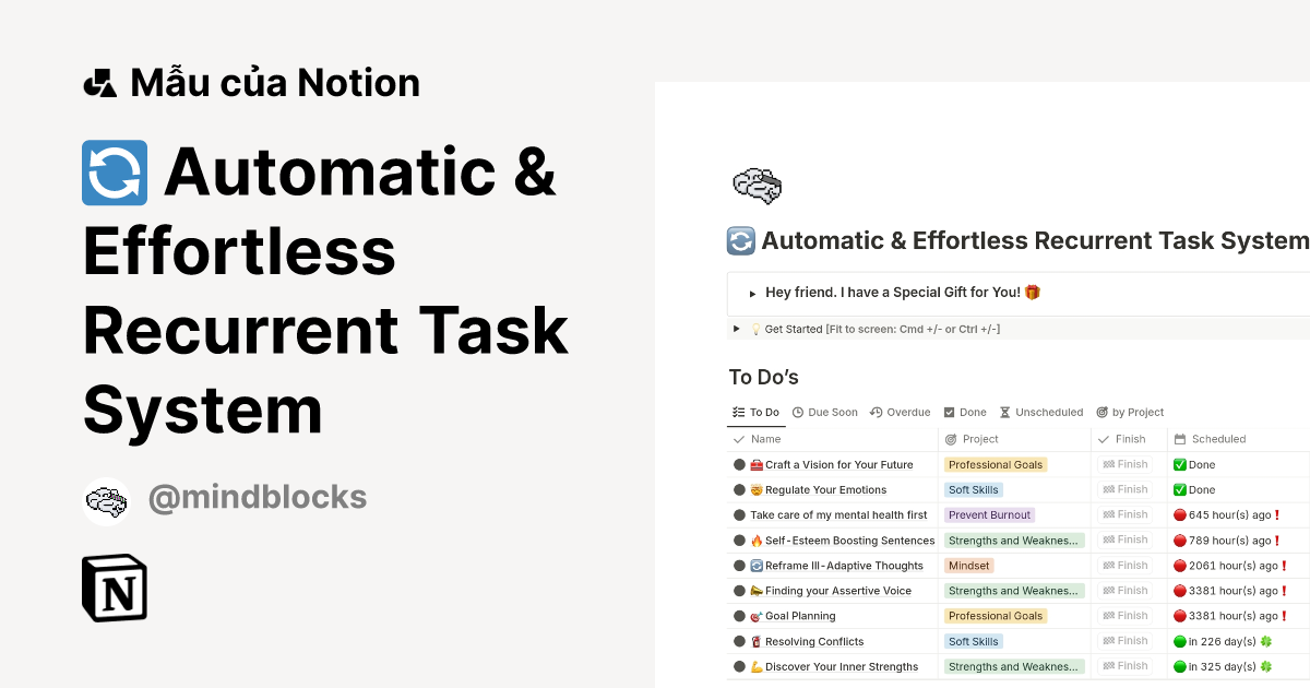 Mẫu 🔄 Automatic & Effortless Recurrent Task System | Thị trường Notion