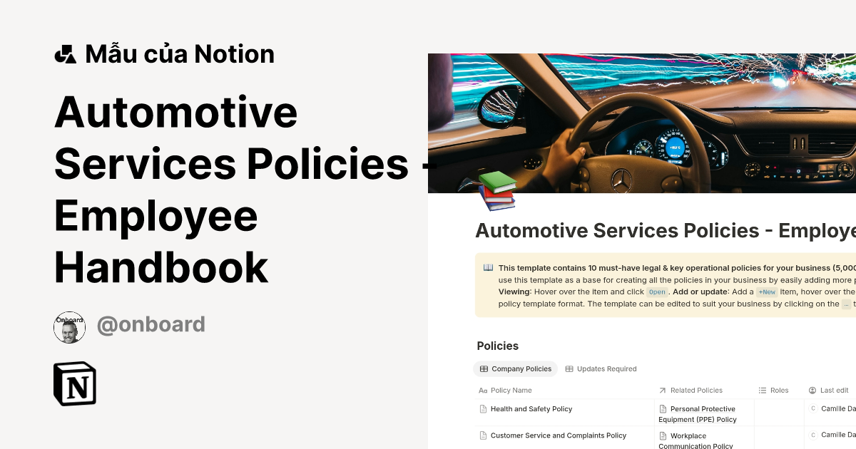 Mẫu Automotive Services Policies - Employee Handbook | Thị trường Notion