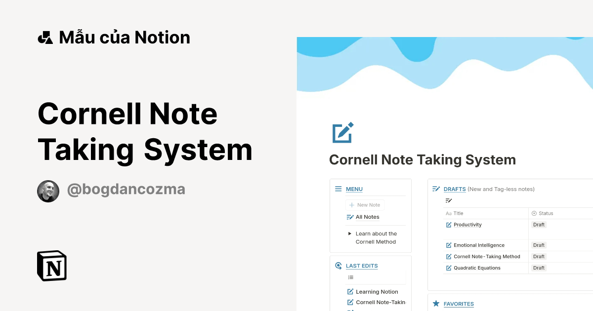 Cornell Note Taking System Mẫu do Bogdan Cozma tạo | Thị trường Notion
