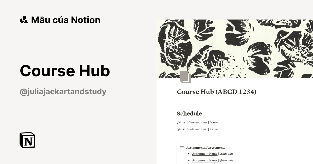 Course Hub Mẫu do Julia Jack Art and Study tạo | Thị trường Notion