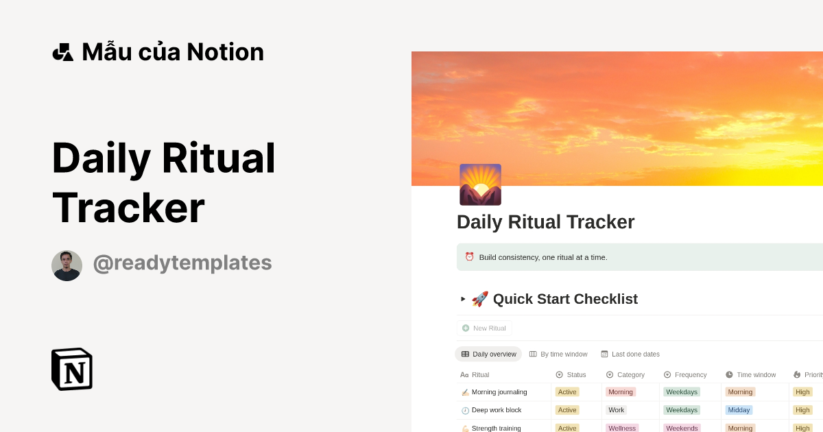 Daily Ritual Tracker Mẫu do Ready Templates tạo | Thị trường Notion