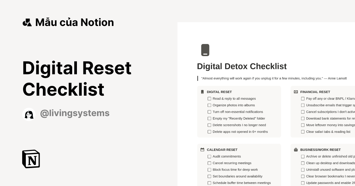 Mẫu 2026 Digital Reset Checklist | Thị trường Notion