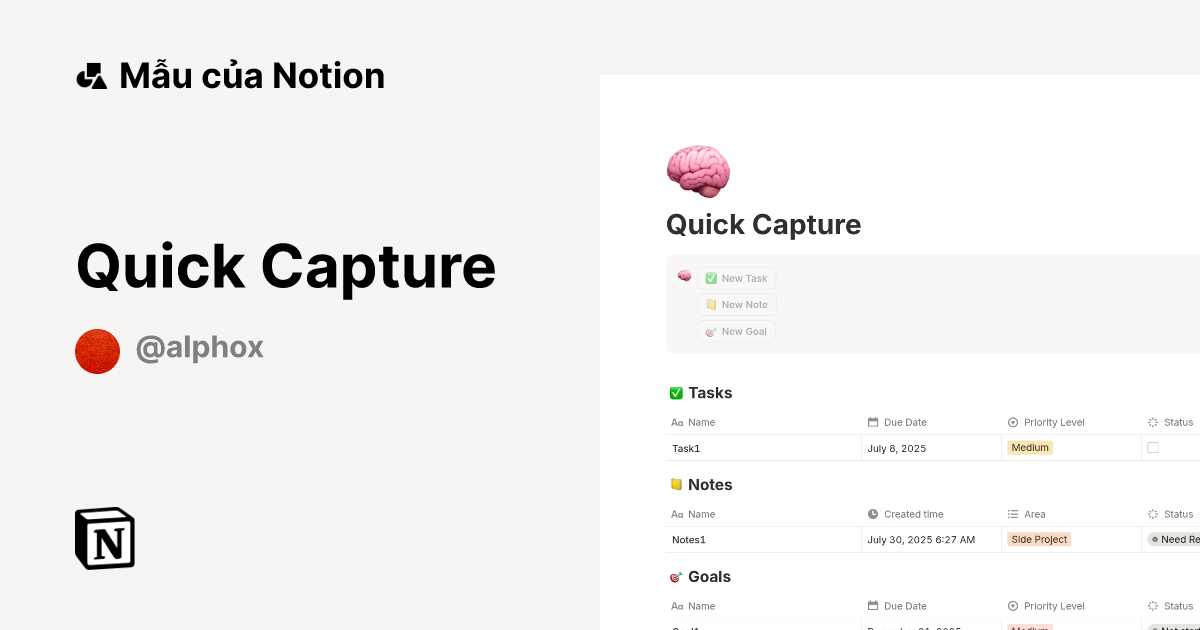 Mẫu Quick Capture | Thị trường Notion