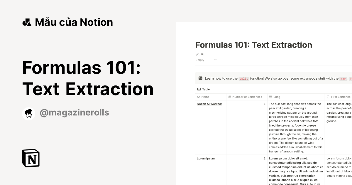 Mẫu Formulas 101: Text Extraction | Thị trường Notion