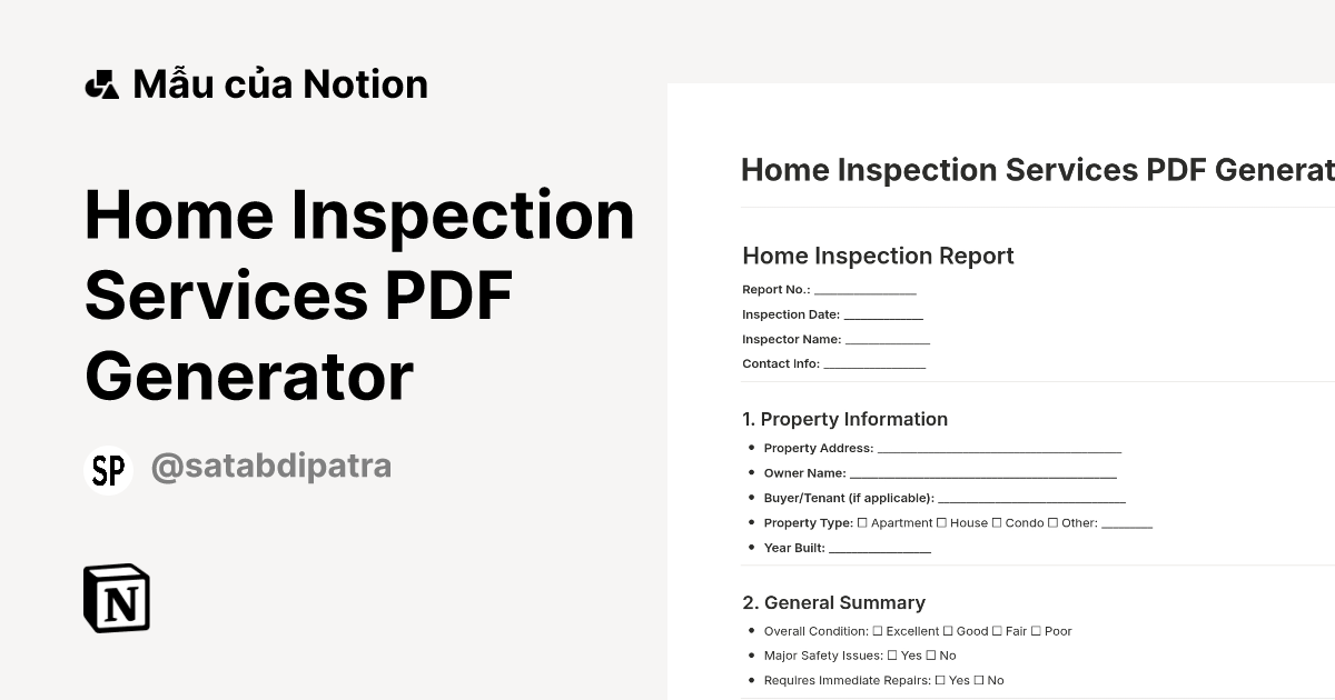 Mẫu Home Inspection Services PDF Generator | Thị trường Notion
