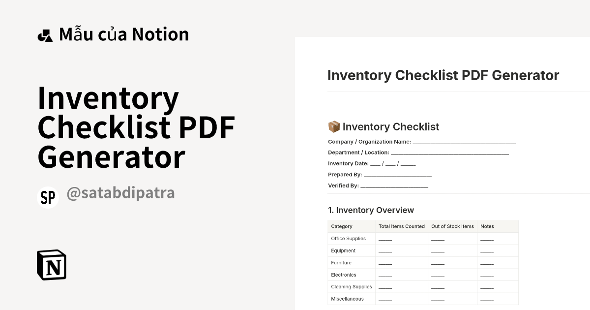 Mẫu Inventory Checklist PDF Generator | Thị trường Notion