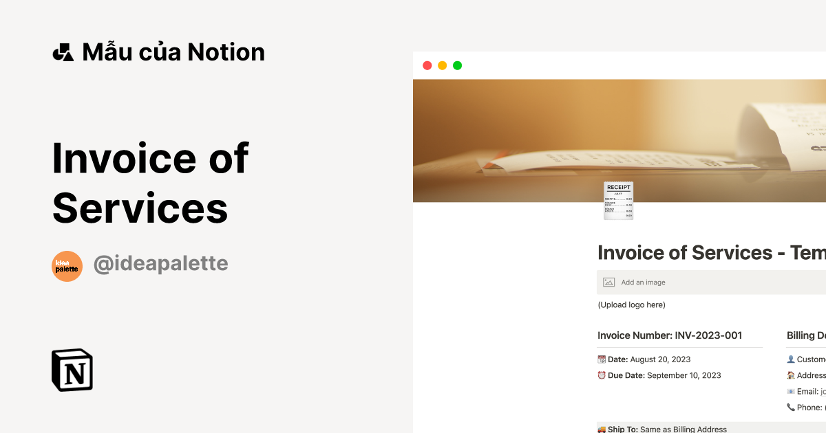 Invoice of Services Mẫu do Idea Palette tạo | Thị trường Notion
