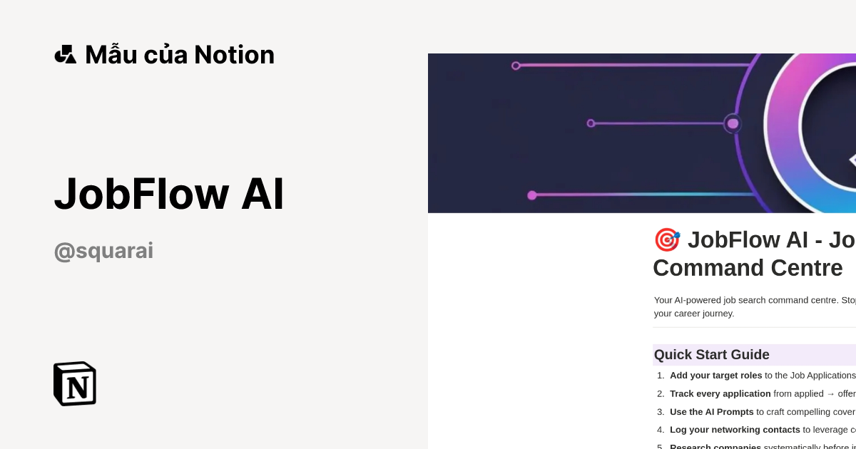 JobFlow AI Mẫu do Squarai tạo | Thị trường Notion