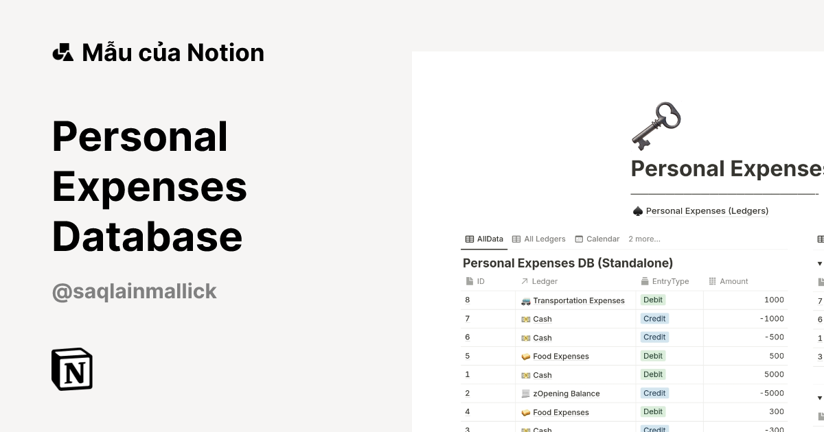 Personal Expenses Database Mẫu do Saqlain Mallick tạo | Thị trường Notion