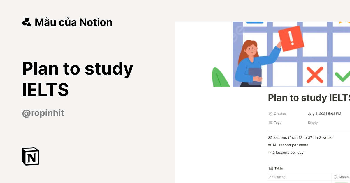 Mẫu Plan to study IELTS | Thị trường Notion