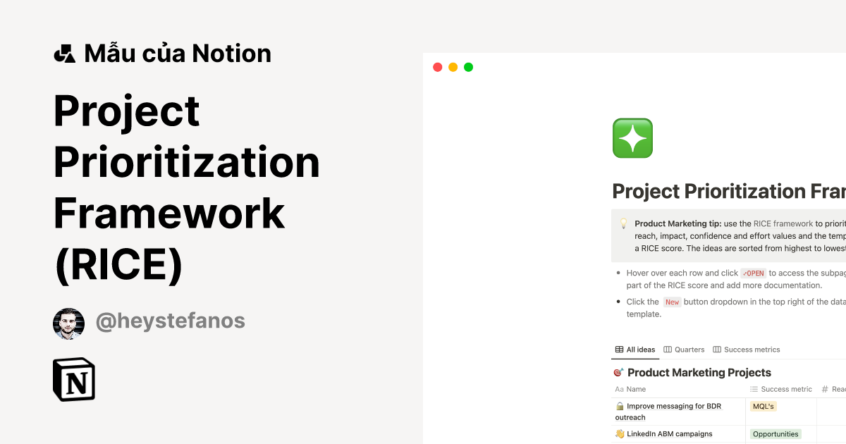 Mẫu Project Prioritization Framework (RICE) | Thị trường Notion