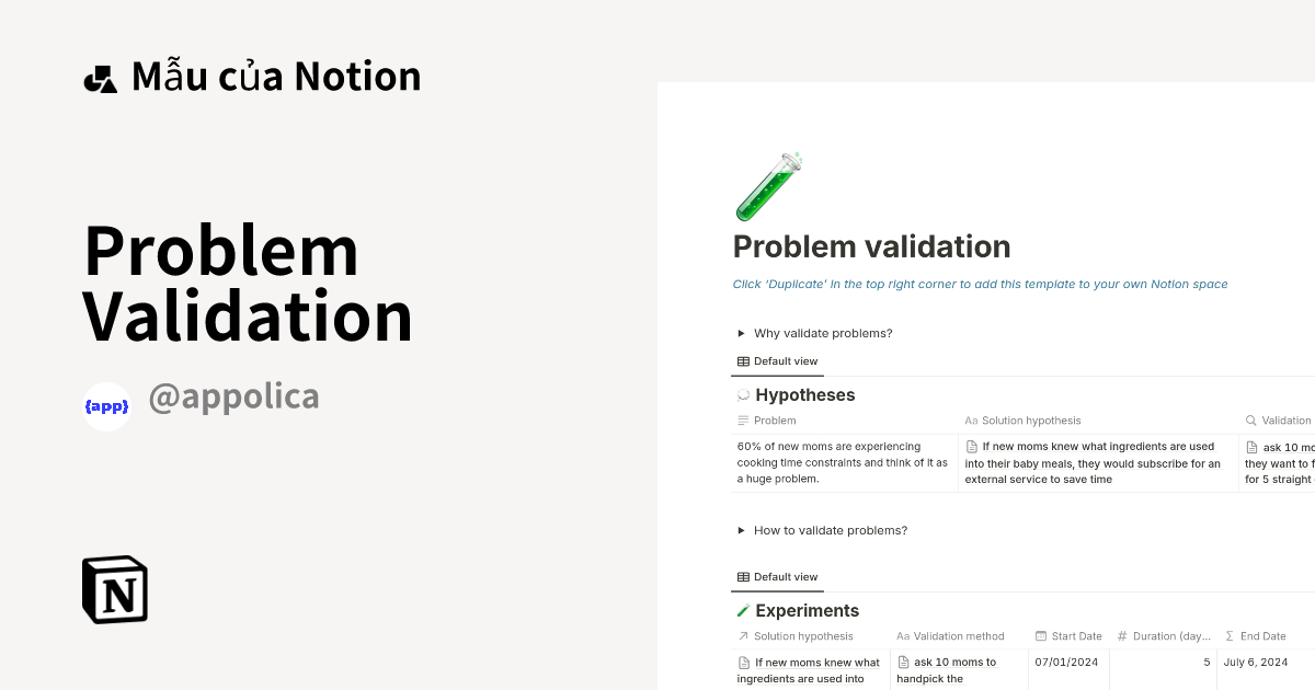 Problem Validation Mẫu do Appolica | Startup Studio tạo | Thị trường Notion