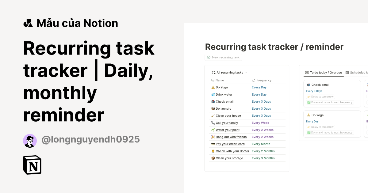 Mẫu Recurring task tracker | Daily, monthly reminder | Thị trường Notion