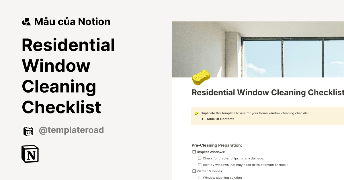 Mẫu Residential Window Cleaning Checklist | Thị trường Notion