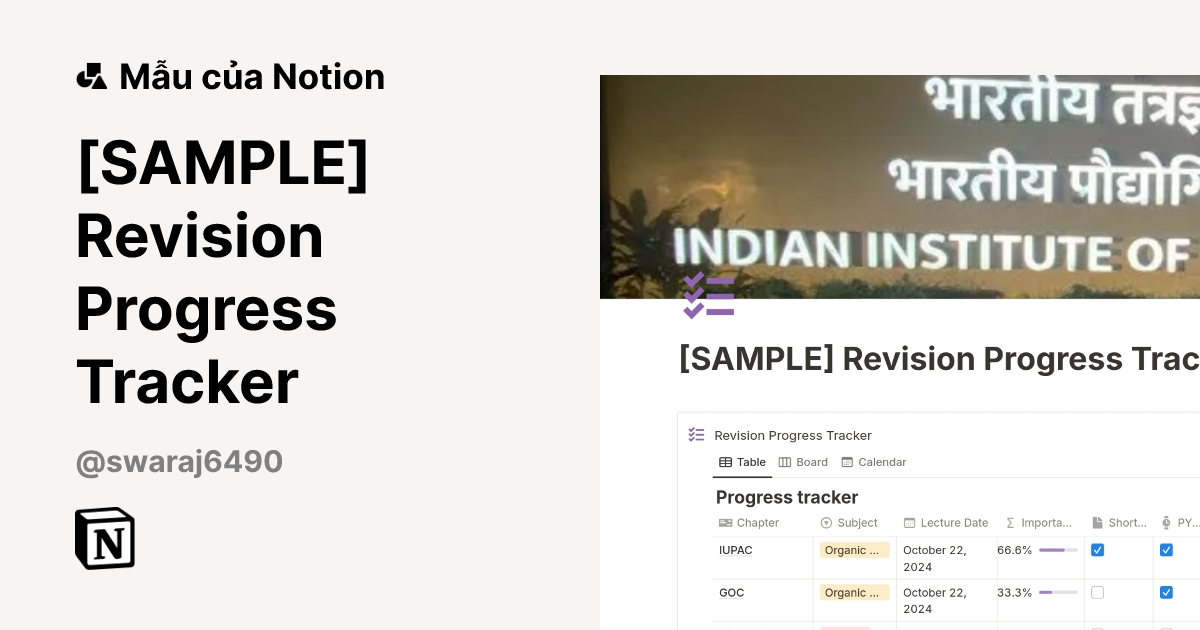 Mẫu [SAMPLE] Revision Progress Tracker | Thị trường Notion