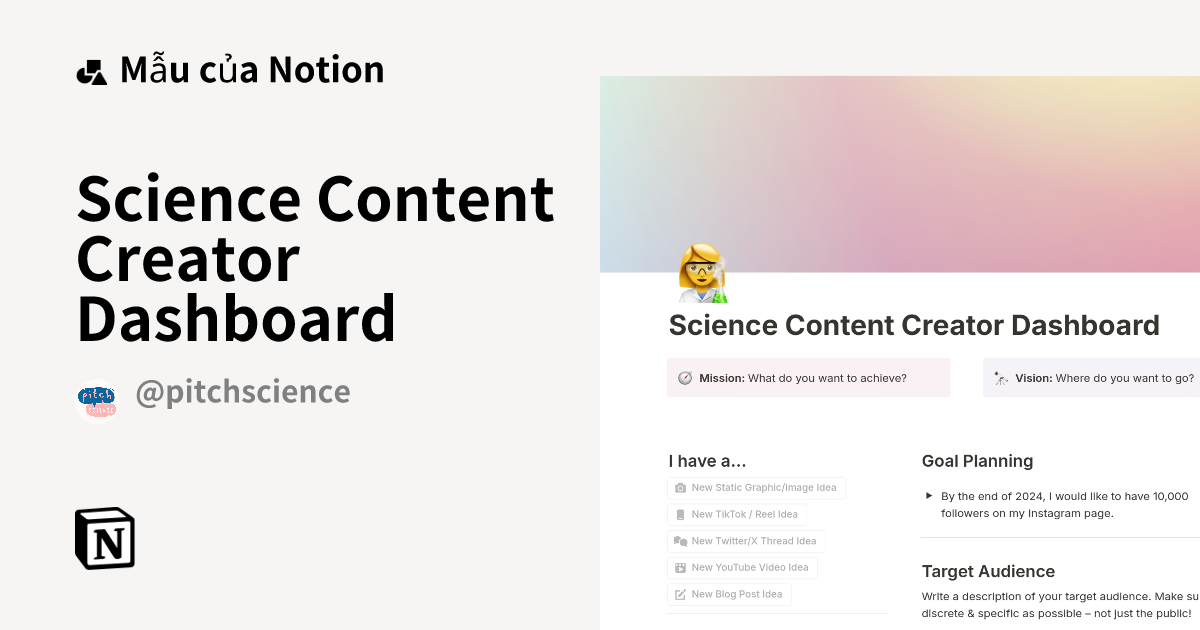 Mẫu Science Content Creator Dashboard | Thị trường Notion
